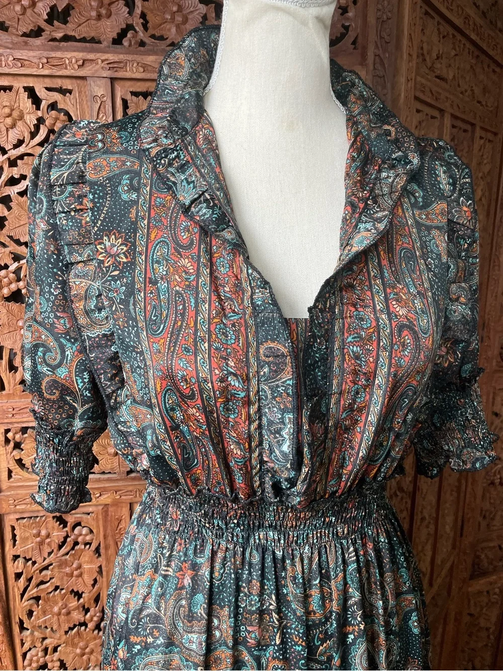 Vintage Boho Festival Western Paisley Tiered Ruffle Maxi Dress - Picture 9 of 16